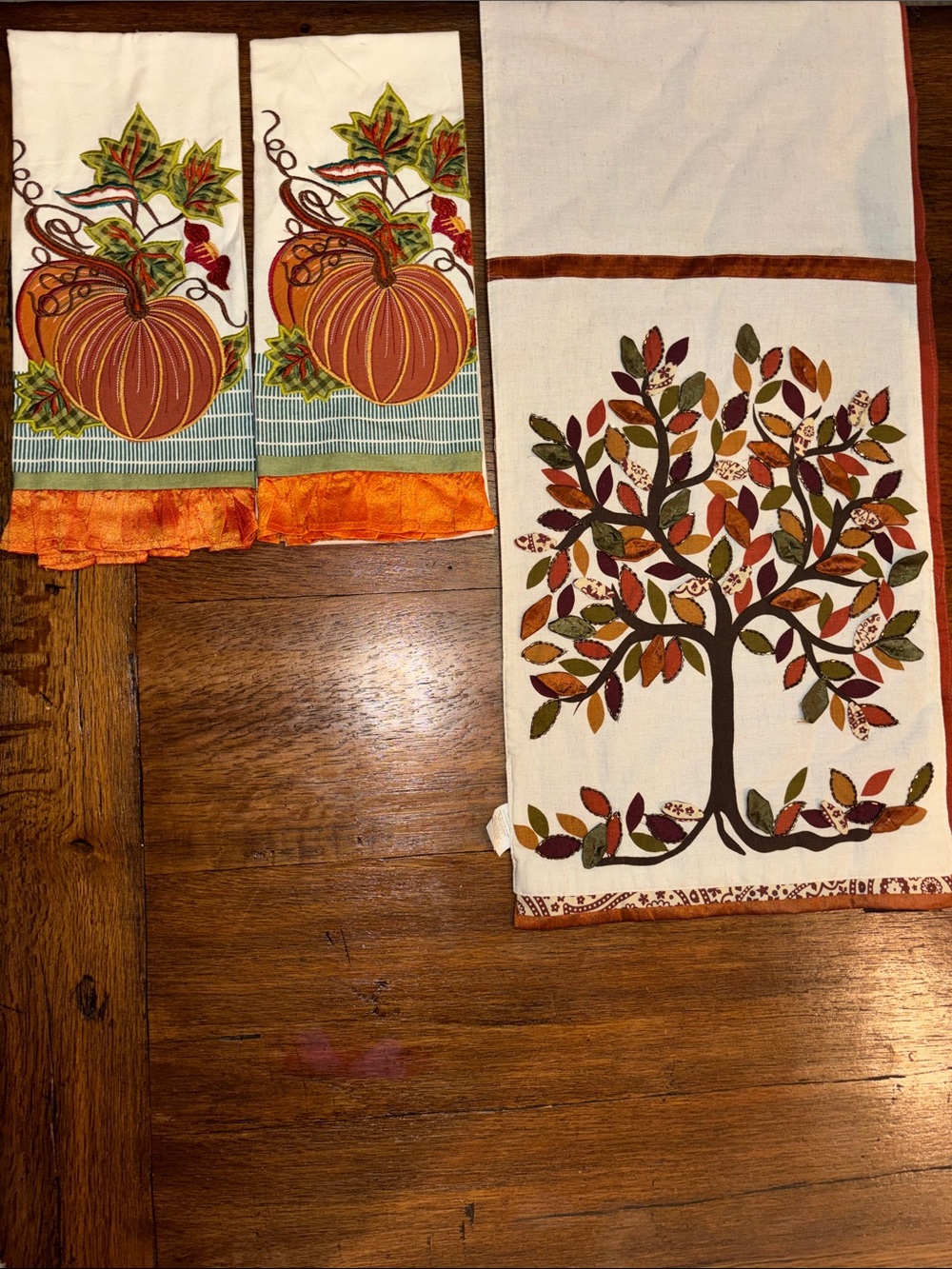 Pier 1 Fall Pumpkin & Tree Kitchen Towels & Table Runner, Orange, Green, Browns